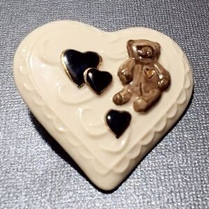 Vintage Ceramic Teddy Bear Heart Shaped Pin Brooch with Gold Heart Accent